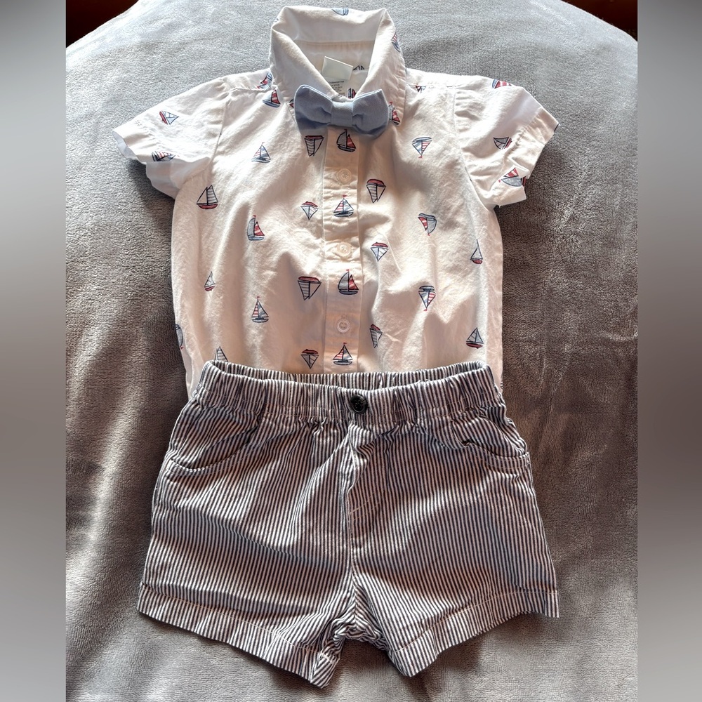 Boy’s Sailboat Print Shirt and Striped Shorts Set, size 9 mos